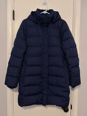 Lands' End Women's Long Quilted Down Puffer Parka Coat Navy Blue M Pockets Hood